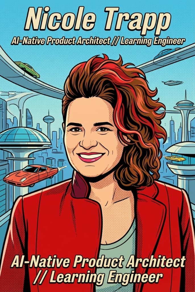Nicole Trapp — retro-futurist illustrated portrait with cityscape; artwork includes name and role.